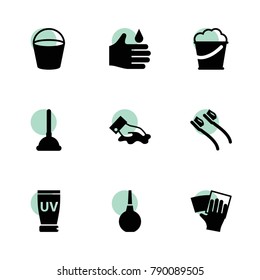 Cleaning icons. vector collection filled cleaning icons set.. includes symbols such as hand cleaning, bucket, toothbrush, wipe, plunger. use for web, mobile and ui design.