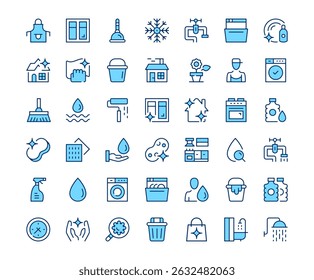 Cleaning icons. Vector line icon set. Modern outline design. Blue concept