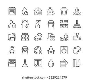 Cleaning icons. Vector line icons set. Housekeeping, laundry, household supplies, hygiene, housework, cleaning service concepts. Black outline stroke symbols