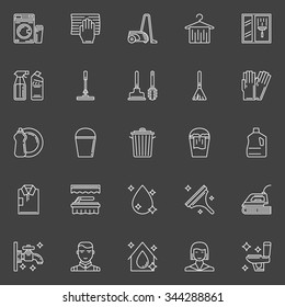Cleaning icons - vector set of outline clean service symbols or cleaning tools signs on dark background