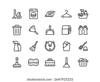 Cleaning Icons Vector Set: Vacuum, Laundry, Iron, Cleaning Supplies, Mop, Gloves, Sponge - Perfect for Housekeeping and Home Maintenance Graphics