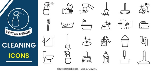 Cleaning icons, vector set. Washing, cleaning, laundry symbol, window sponge and vacuum cleaner icon collection for web. Cleaning related vector line icons. Vector illustration.