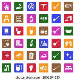 Cleaning Icons. White Flat Design In Square. Vector Illustration.