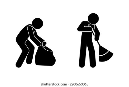 Cleaning Illustration, Janitor Icon, A Man Collects Garbage In A Bag And Sweeps With A Broom