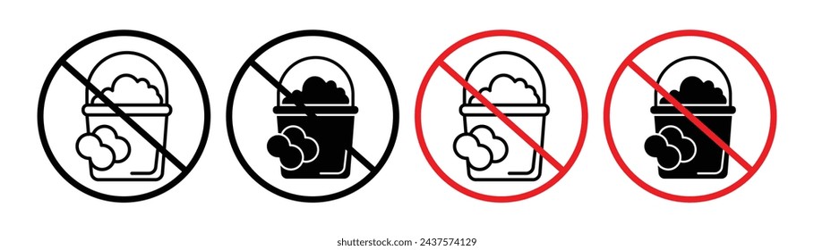 Icono de línea de precaución de implementos de limpieza. Icono de advertencia de engranaje de higiene en estilo plano sólido y contorno.