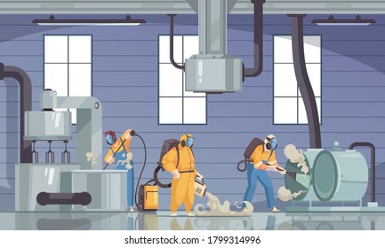 Cleaning Industrial Composition With Group Of Professional Equipped Cleaners With Detergent Chemicals And Factory Machinery Units Vector Illustration