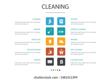 Cleaning Infographic 10 option concept. broom, trash can, sponge, dry cleaning simple icons