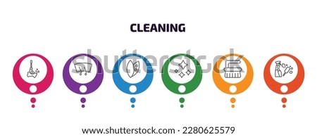 cleaning infographic template with icons and 6 step or option. cleaning icons such as floor mop, wiper, leaf cleanin, neat, scrub brush, cleaning tools vector. can be used for banner, info graph,