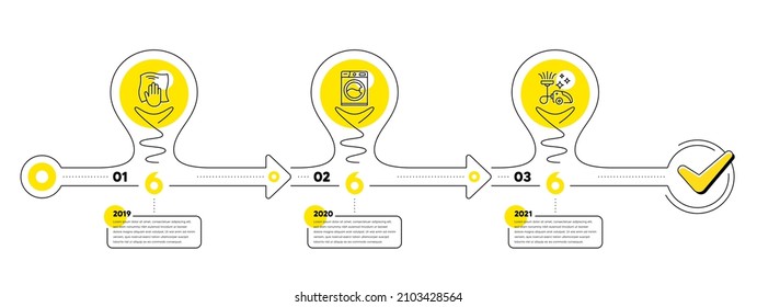 Cleaning Infographic timeline with 3 steps. Lightbulb journey path infographics. Workflow process diagram with Wipe cloth, Washing machine, Vacuum cleaner line icons. Vector