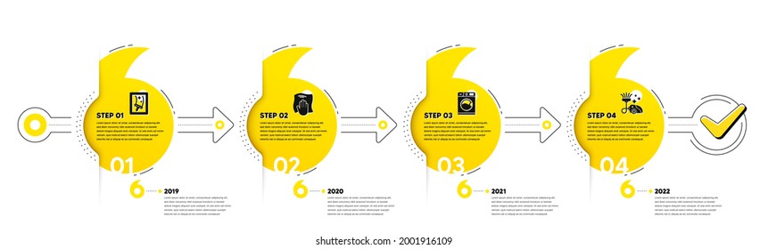 Limpieza de la escala de tiempo de Infografía con 4 pasos. Diagrama de procesos de flujo de trabajo con ventana Limpiar, Tela de borrado, Lavadora e iconos del limpiador de vacío. Diagrama de la infografía de la línea de tiempo. Vector