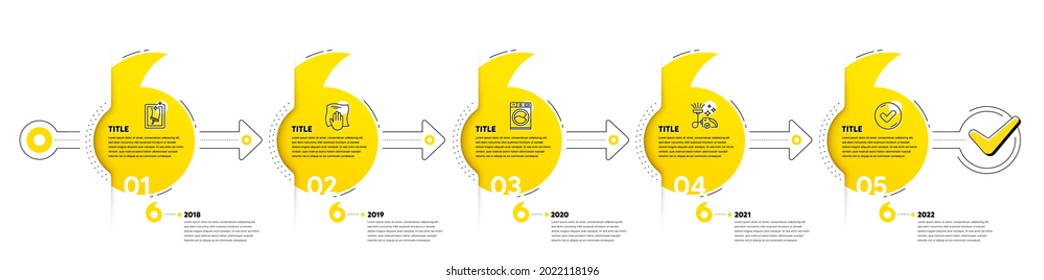 Cleaning Infographic timeline with 5 steps. Quotes bookmarks journey infographics. Workflow process diagram with Clean Window, Wipe cloth, Washing machine and Vacuum cleaner line icons. Vector