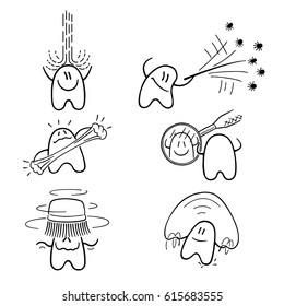 Cleaning, inspection teeth. Fencing with toothpick against bacteria. Gymnastics with chewing gum. Look in dentist's mirror. Cleansing with electric toothbrush, irrigator. Jumping through dental floss.