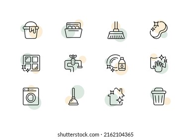 Cleaning instruments set icon. Tools, bucket, rag, broom, sponge, window, faucet, wash dishes, wipe dust, washing machine, trash can. Cleaning concept. Vector line icon for Business and Advertising.