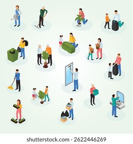 Cleaning Isometric characters working design illustration routine set 3d