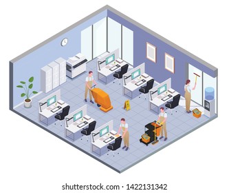 Cleaning Isometric And Colored Composition With Isolated Office Room And Cleaners Work Vector Illustration