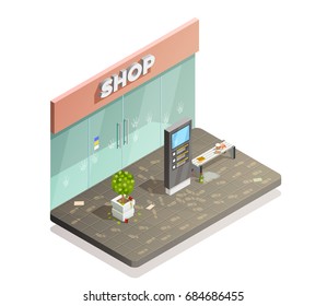 Cleaning isometric composition with dirty shop front flowerbed and bench with footprints and fingermarks with rubbish vector illustration