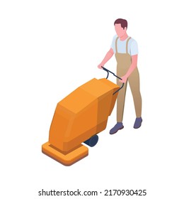 Cleaning isometric composition with isolated human character of cleanup worker in uniform vector illustration