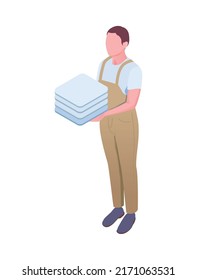 Cleaning isometric composition with isolated human character of cleanup worker in uniform vector illustration