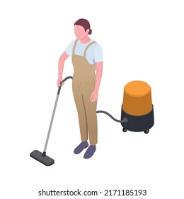 Cleaning isometric composition with isolated human character of cleanup worker in uniform vector illustration