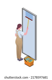 Cleaning isometric composition with isolated human character of cleanup worker in uniform vector illustration