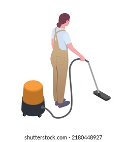 Cleaning isometric composition with isolated human character of cleanup worker in uniform vector illustration