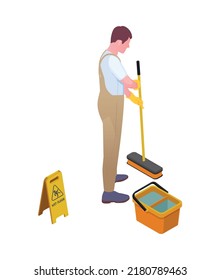 Cleaning isometric composition with isolated human character of cleanup worker in uniform vector illustration