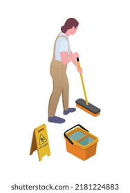 Composición isométrica de limpieza con carácter humano aislado del trabajador de limpieza en ilustración vectorial uniforme