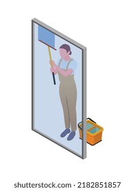 Cleaning isometric composition with isolated human character of cleanup worker in uniform vector illustration