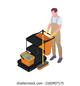 Cleaning isometric composition with isolated human character of cleanup worker in uniform vector illustration