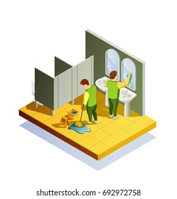 Cleaning isometric composition with public lavatory room interior and two male cleaners washing floor and mirrors vector illustration