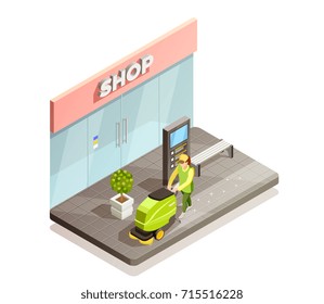 Cleaning isometric design composition with men vacuuming paving slabs near shop vector illustration