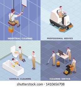 Cleaning isometric icon set with industrial cleaning professional service general cleaning descriptions vector illustration