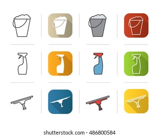 Cleaning items icons set. Flat design, linear and color styles. Bucket with foam, glass cleaning spray, tool for window cleaning . Isolated vector illustrations.