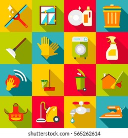 Cleaning items icons set. Flat illustration of 16 cleaning items vector icons for web
