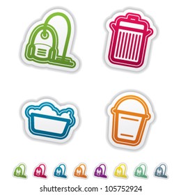 Cleaning items and other related cleaning tools, from left to right: Vacuum cleaner, Waste bin, Wash basin, Bucket