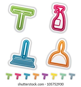 Cleaning items and other related cleaning tools, from left to right: Squeegee, Window spray, Brush, Scoop.
