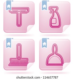 Cleaning items and other related cleaning tools, from left to right:  Squeegee, Window spray, Brush, Scoop.