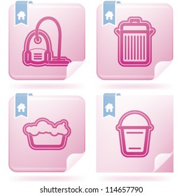 Cleaning items and other related cleaning tools, from left to right:  Vacuum cleaner, Waste bin, Wash basin, Bucket
