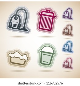 Cleaning items and other related cleaning tools, from left to right:  Vacuum cleaner, Waste bin, Wash basin, Bucket.