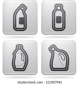 Cleaning items and other related cleaning tools, from left to right:  Bleach bottle, Bleach bottle, Disinfectant bottle, Bleach bottle