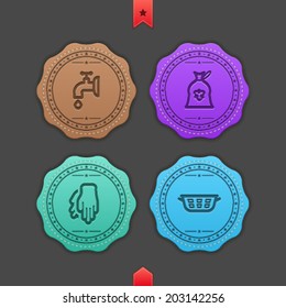 Cleaning items and other related cleaning tools, from left to right -  Valve, Rubbish bag, Rubber gloves, Laundry basket. 