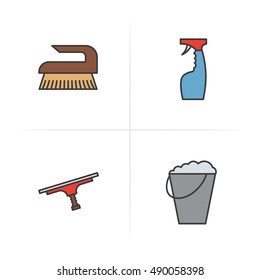 Cleaning items and tools color icons set. Spray, brush, tool for cleaning windows, bucket with foam. Logo concepts. Vector isolated illustration.