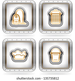 Cleaning items and tools, pictured here from left to right, top to bottom:  Vacuum cleaner, Waste bin, Wash basin, Bucket.