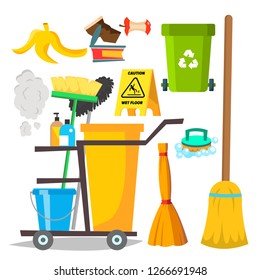 Cleaning Items Vector. Household Supplies Icons. Equipment. Isolated Cartoon Illustration