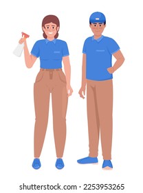 Cleaning and janitorial services staff semi flat color vector characters. Editable figures. Full body people on white. Simple cartoon style illustration for web graphic design and animation