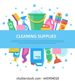 Cleaning janitorial supply product set with central lettering, professional sanitizing equipment for home and office. Vector flat style illustration isolated on white background with soap bubbles