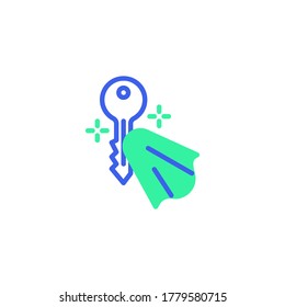 Reinigung der Schlüssel mit Serviettensymbol Vektor, gefülltes Flachzeichen, Schlüsseldesinfektion Bicolor Piktogramm, grün und blau. Symbol, Logo-Illustration