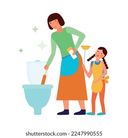 Säuberung von Kindern, die Eltern helfen, sich mit Blick auf die Hausaufräumarbeiten mit Erwachsenen- und Kinderdoodle-Zeichen zu rekonstruieren Vektorgrafik