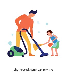 Cleaning kids helping parents composition with view of home cleanup with adult and child doodle characters vector illustration