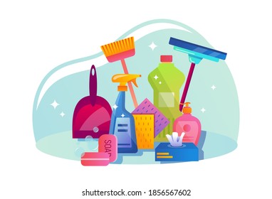 Cleaning kit. Detergents, mops, soap, spray, napkins. Vector illustration in flat design on white background